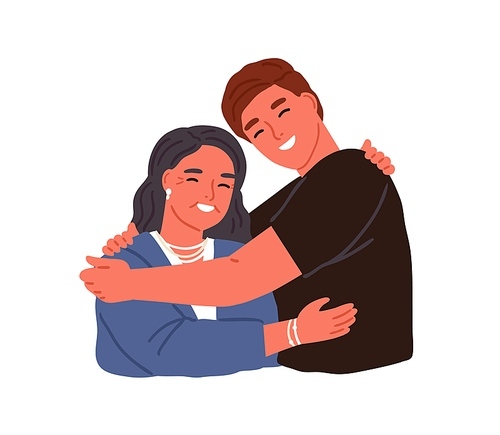 Smiling adult son hugging aged mother, feeling love and support vector flat illustration. Portrait of happy relatives embracing each other isolated on white. Cute scene with man and parent.