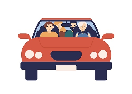 Smiling family riding on car together front view vector flat illustration. Happy mother, father, daughter and son moving on automobile isolated on white. Cute people enjoying journey on vehicle.