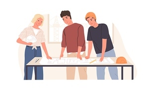 Construction engineer showing apartment layouts for builders. People working with building project isolated on white . Colored flat vector illustration of colleagues discussing drawing.