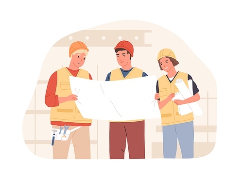 Foreman and workers in hard hats at construction site. Builders discussing building project or drawing of real estate. Colored flat vector illustration of constructors isolated on white .