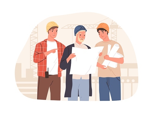 Inspector, manager and foreman discussing building project at construction site. Architect engineer holding real estate drawing. Colored flat vector illustration isolated on white .