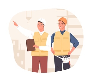 Inspector and foreman in hardhats at construction site. Supervisor or manager controlling building process. Colored flat vector illustration of workers in hard hats isolated on white .