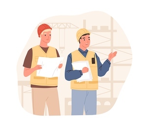 Foreman showing and explaining building process to inspector. Supervisor in hard hat at construction site. Colored flat vector illustration of workers in helmets isolated on white .
