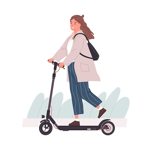 Active young woman riding electric walk scooter. Modern female character driving eco urban transport. Colored flat vector illustration isolated on white .