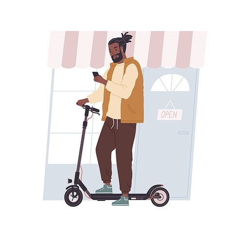 African American young man standing with mobile phone and electric walk scooter. Modern male character riding eco urban transport. Colored flat vector illustration isolated on white .