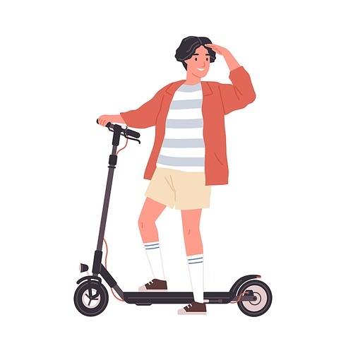 Modern boy riding electric walk scooter. Happy active teenager driving eco urban transport. Colored flat vector illustration isolated on white .