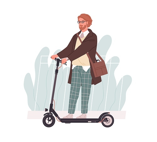 Profile of young man riding electric walk scooter. Active hipster driving eco urban transport. Modern guy on e-scooter. Colored flat vector illustration isolated on white .