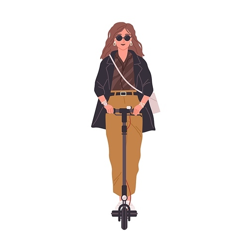 Active young woman riding electric walk scooter. Modern female character in sunglasses driving eco urban transport. Colored flat vector illustration isolated on white .