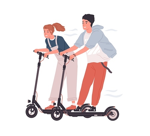 Couple of happy teenagers riding electric walk scooters at full speed. Two funny friends driving e-scooters together. Colored flat vector illustration isolated on white .