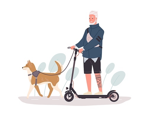 Active old people walking with dog and riding electric scooter. Modern bearded senior man driving eco urban transport. Colored flat vector illustration isolated on white .