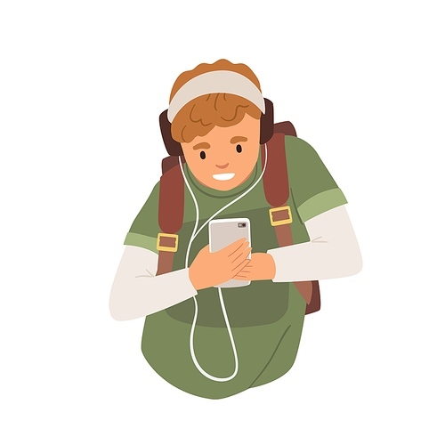 Young student in headphones listening to music using mobile phone. Happy teenager holding smartphone and looking at screen. Flat vector illustration man with cellphone isolated on white .