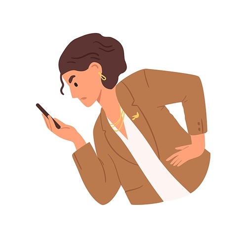 Unhappy woman looking at smartphone screen, reading bad news or message. Angry annoyed businesswoman holding and staring at mobile phone. Colored flat vector illustration isolated on white .