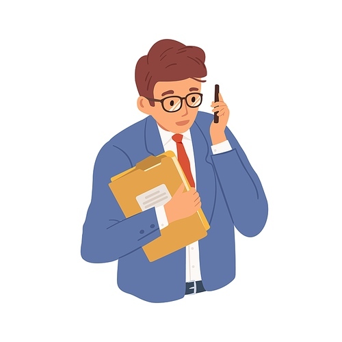 Businessman talking on mobile phone. Young man calling or contacting customers. Office worker chatting on business using smartphone. Colored flat vector illustration isolated on white .