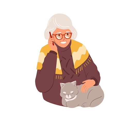 Happy old woman talking on mobile phone. Granny calling by smartphone. Grandma in glasses using cellular. Colored flat vector illustration of aged lady and cellphone isolated on white .