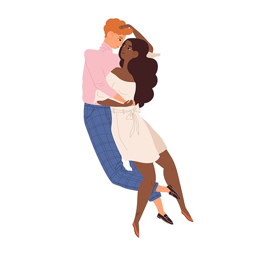 Young modern heterosexual man and woman hugging and demonstrating sexual attraction and desire. Interracial couple in love. Colored flat vector illustration isolated on white .