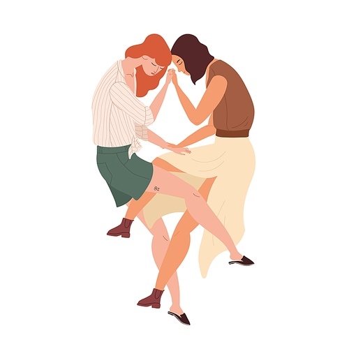 Lesbian couple. Intimacy between two modern women in love. Homosexual romantic and sexual partners lying, holding hands and hugging together. Flat vector illustration isolated on white .