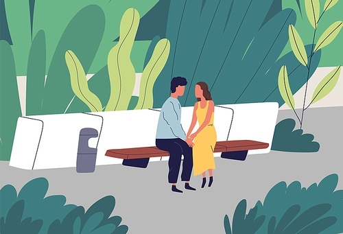 Couple having romantic date at summer park vector flat illustration. Enamored man and woman sitting on bench at garden surrounded by plants. Two lovers holding hands spending time outdoor together.