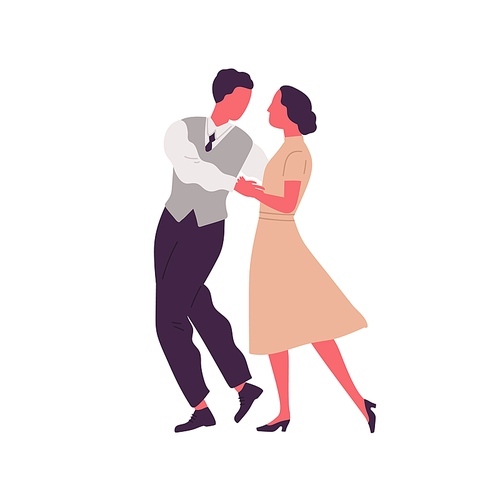 Romantic pair holding hands and dancing lindy hop. Man and woman dressed in retro clothes performing swing or jive dance. Couple of dancers. Flat vector cartoon illustration isolated on white.