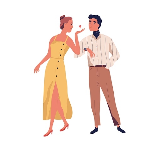 Woman say bye and send air  to her beloved man. Love couple of heterosexual partners leav their date. Colored flat vector illustration of husband and wife isolated on white .