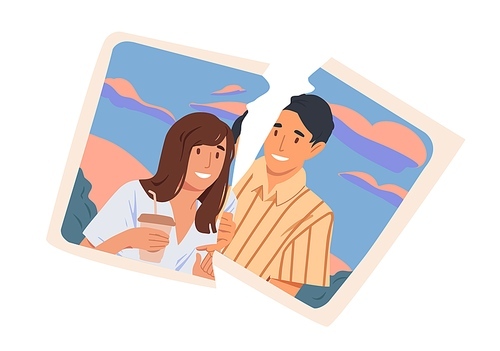 Torn picture of happy ex-couple. Break up and end of romantic relationship concept. Two pieces of photo with smiling man and woman. Colored flat vector illustration isolated on white .