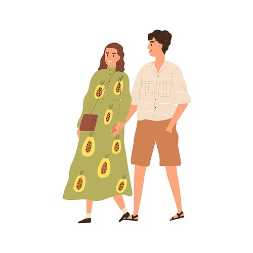 Young couple walking and holding hands together. Happy man and woman in trendy summer clothes isolated on white . People enjoy romantic relationships. Colorful flat vector illustration.