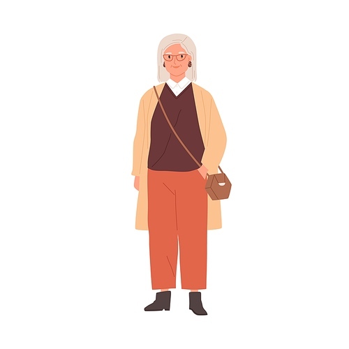 Portrait of aged gray-haired woman wearing stylish casual clothes and accessories. Trendy outfit of old lady. Colored flat graphic vector illustration of modern granny isolated on white .