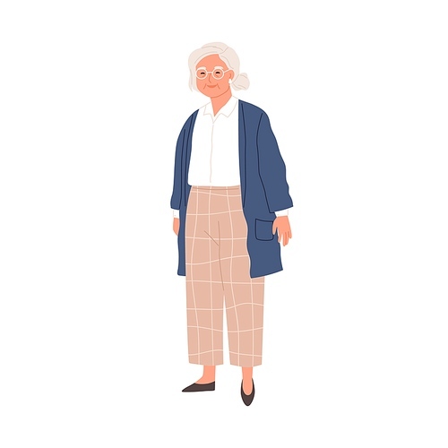 Happy aged gray-haired woman in eyewear and stylish casual clothes. Smiling senior granny in modern outfit. Colored flat vector illustration of retired female character isolated on white .