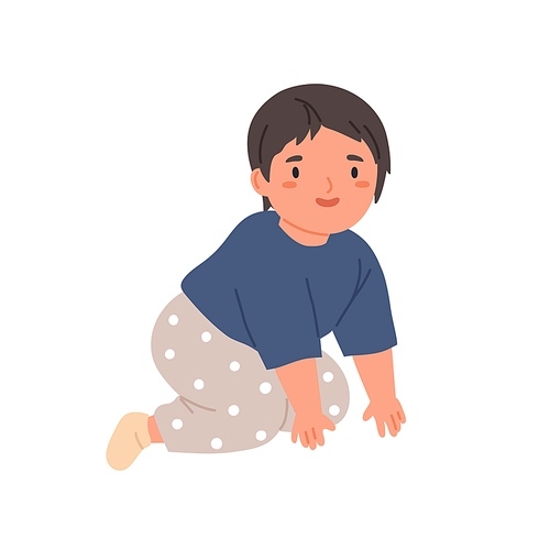 Happy baby crawling. Little child moving on knees and hands. Portrait of smiling kid in home clothes. Flat vector illustration of lovely adorable boy isolated on white .