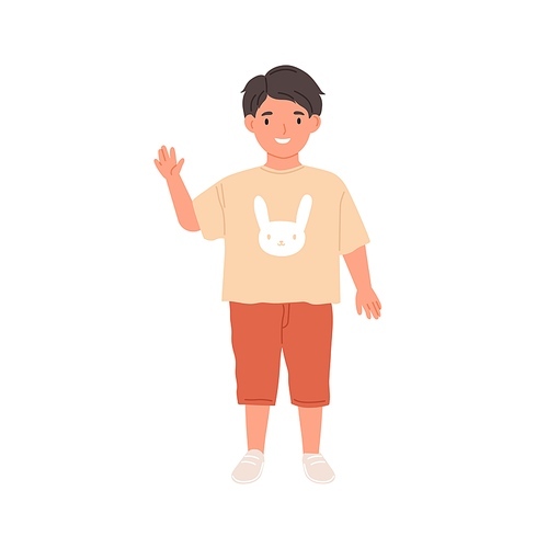 Happy kid waving with hand and saying hello. Hi gesture of smiling child. Portrait of schoolboy or preschooler in t-shirt, shorts and trainers. Flat vector illustration isolated on white .