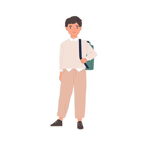 Portrait of happy smiling schoolboy with schoolbag. School boy standing in sneakers, trousers, shirt and sweater. Child in modern outfit. Colored flat vector illustration of kid isolated on white.