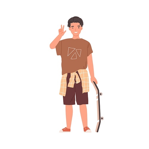 Portrait of happy teenager standing with skateboard, winking and showing V sign. Young skater in street-style clothes. Colored flat vector illustration of cool boy isolated on white .