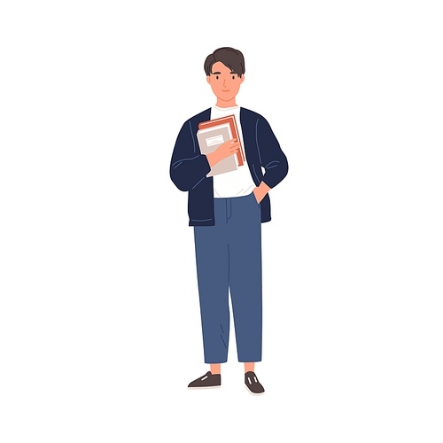 Young college student standing with books. Schoolboy holding textbooks in hand. Portrait of smiling teenager. Colored flat vector illustration of smart man isolated on white .