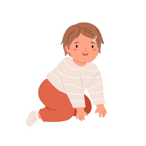 Happy smiling girl crawling. Portrait of kid in home clothes. Little child moving on knees and hands. Flat vector illustration of cute adorable baby isolated on white .
