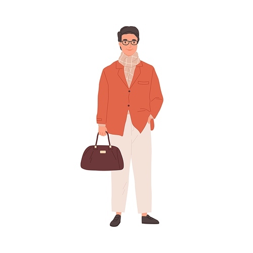Portrait of happy businessman or manager with bag. Mature office worker in jacket, scarf and eyewear. Colored flat vector illustration of modern business man isolated on white .