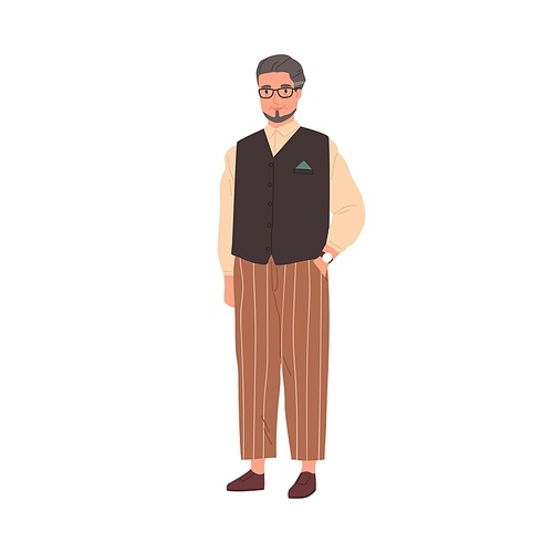 Portrait of elegant senior gray-haired man in modern casual clothes. Aged employee in stylish trousers, shirt, waistcoat and eyewear. Colored flat vector illustration isolated on white .