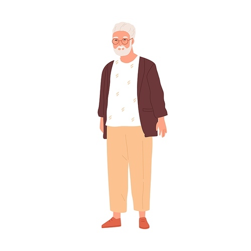 Happy senior gray-haired man in eyewear and modern casual clothes. Portrait of smiling aged grandpa in stylish outfit. Flat vector illustration of retired grandfather isolated on white .