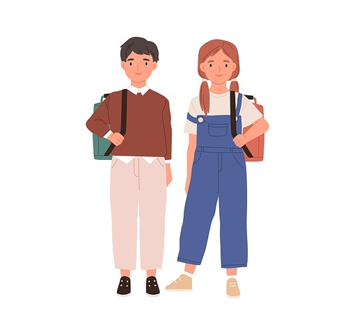 Couple of boy and girl. Portrait of school children with backpacks. Two teen kids standing together. Colored flat vector illustration of schoolboy and schoolgirl isolated on white .