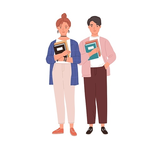 Couple of modern students with books in hands. Young man and woman holding textbooks. Portrait of teenagers standing together. Colored flat vector illustration of friends isolated on white .