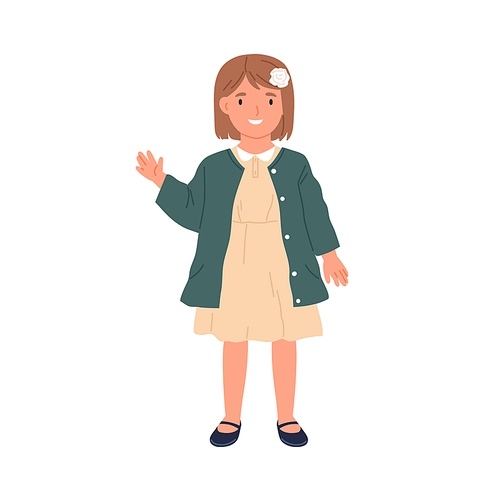 Happy child waving with hand and saying hello. Hi greeting gesture of smiling kid. Portrait of cute preschool girl in dress. Flat vector illustration of preschooler isolated on white .