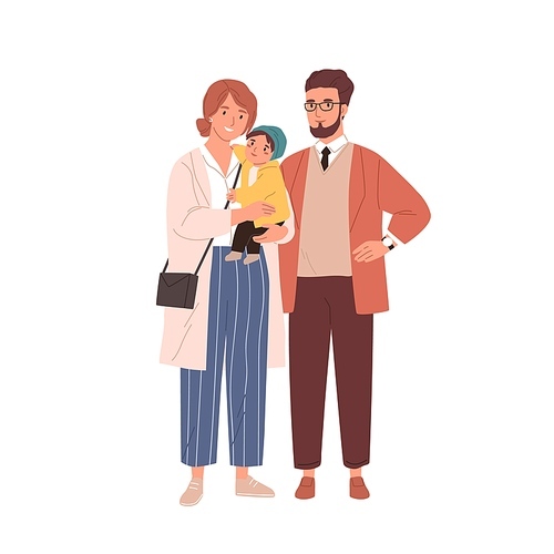 Family portrait of happy mother, father and baby. Parents standing together and holding child. Smiling mom, dad and kid. Colored flat vector illustration isolated on white .