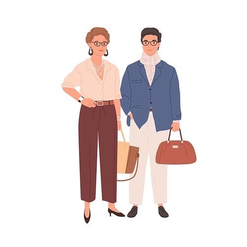 Couple of modern mature colleagues isolated on white . Portrait of trendy businessman and businesswoman. Smiling people in stylish formal clothes. Colored flat vector illustration.