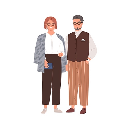 Senior couple of modern man and woman in eyewear. Portrait of happy elderly people in stylish casual clothes. Colored flat vector illustration of aged characters isolated on white .