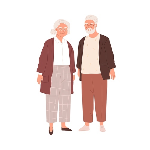 Portrait of senior couple of old people isolated on white . Aged man and woman standing together. Colored flat vector illustration of retired gray-haired grandmother and grandfather.
