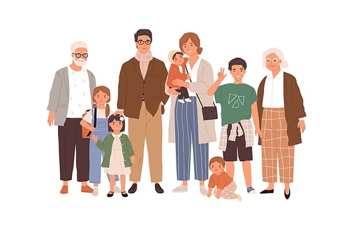 Portrait of big happy family with children, mother, father, grandfather and grandmother isolated on white . Parents, grandparents and grandchildren. Colored flat vector illustration.