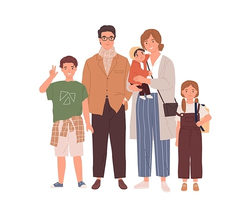 Portrait of happy family with parents and children isolated on white. Young father, mother, sons and daughter. Colored flat vector illustration of smiling husband, wife and kids standing together.