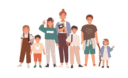 Portrait of happy children and teenagers. Group of modern boys and girls of different ages standing together. Flat vector illustration of sisters and brothers isolated on white .