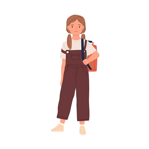 Happy smiling schoolgirl with school bag. Portrait of girl with schoolbag standing in overall and sneakers. Child in modern outfit. Flat vector illustration of kid isolated on white .