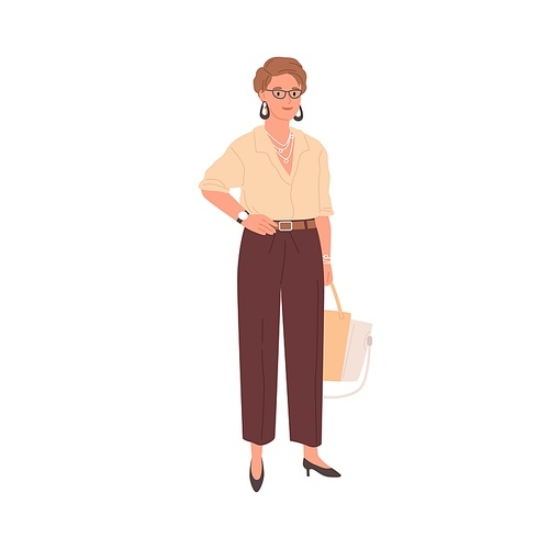 Portrait of smiling businesswoman standing in formal stylish clothes. Woman in trousers and blouse. Mature employee in modern outfit. Colored flat vector illustration isolated on white .