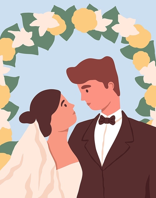 Portrait of newly-married love couple at wedding flower arch. Marriage of man and woman. Bride in bridal vein and dress and bridegroom in suit. Colored flat vector illustration of husband and wife.