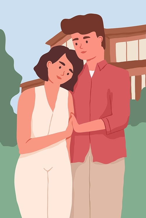 Vertical portrait of love romantic couple of man and woman standing together and hugging. Husband and wife in backyard of their house. Colored flat vector illustration of family.